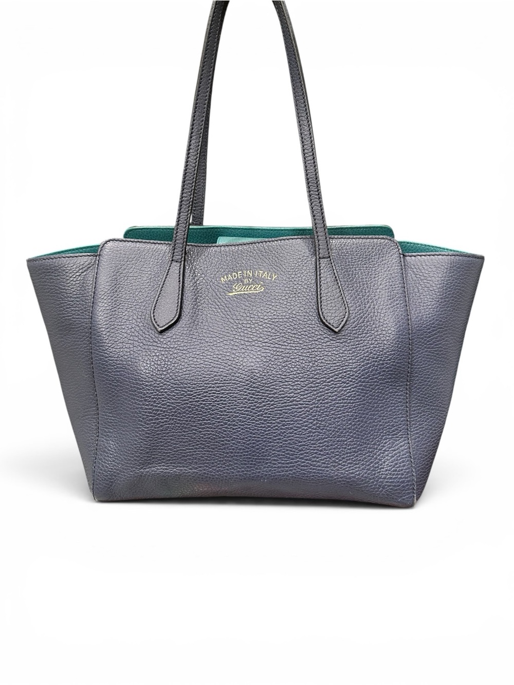 Gucci Medium Swing Line Tote Navy Pebbled Leather Teal Interior |  Italy